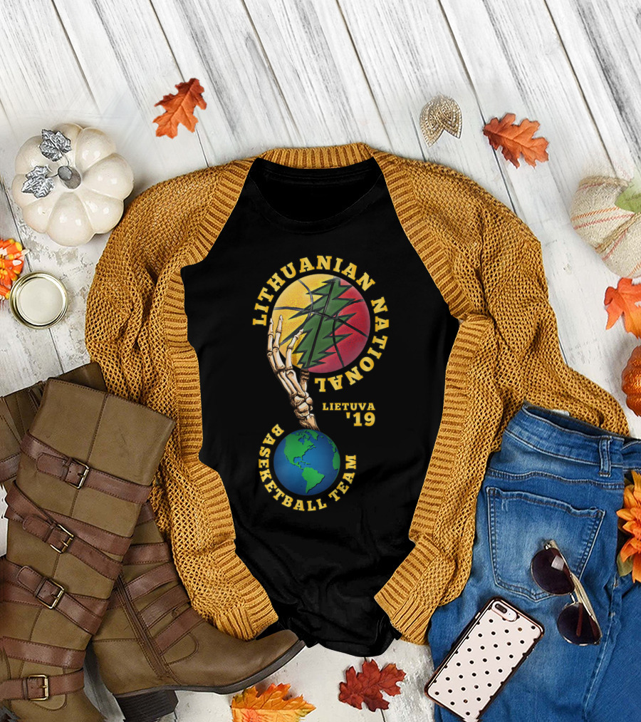 Lithuanian National Basketball Team Lietuva '19 Skeleton Hand Basketball Globe T-Shirt
