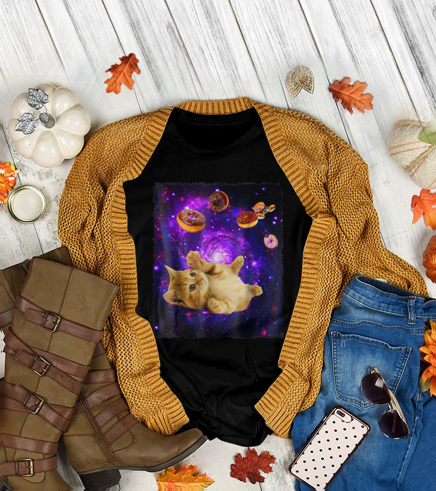 Galaxy Adventure Space Cat with Doughnuts Floating Through Cosmic Nebula T-Shirt