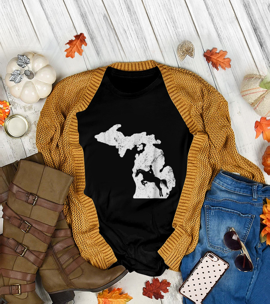 Michigan Equestrian Horse Jumping Silhouette with State Map T-Shirt