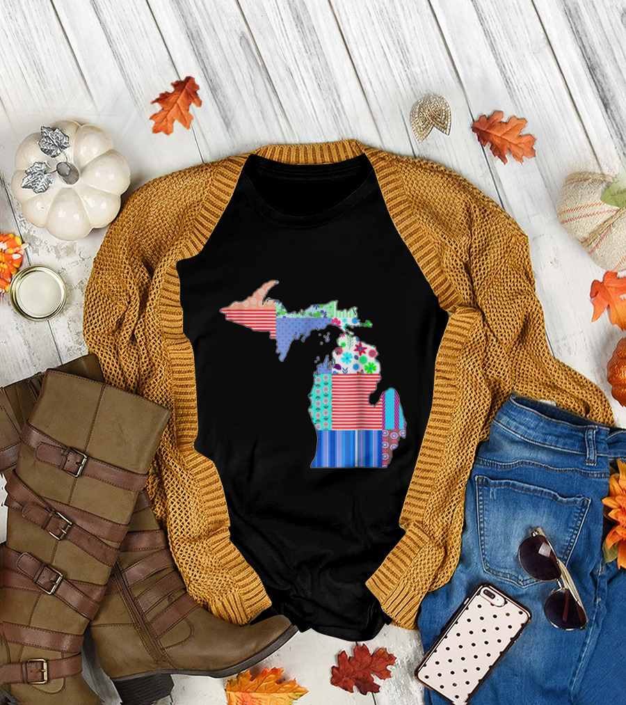 Michigan Patchwork Quilting Design with State Shape and Colorful T-Shirt