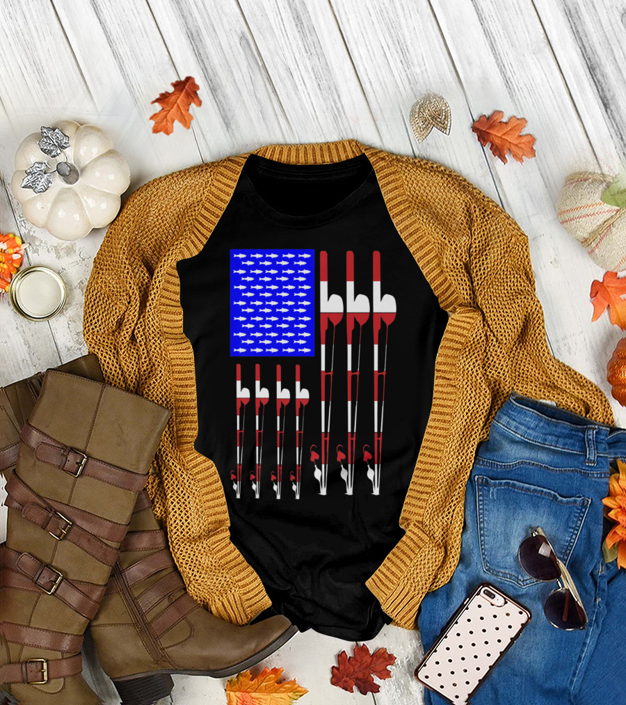 American Flag Fishing Poles with Blue Fish T-Shirt