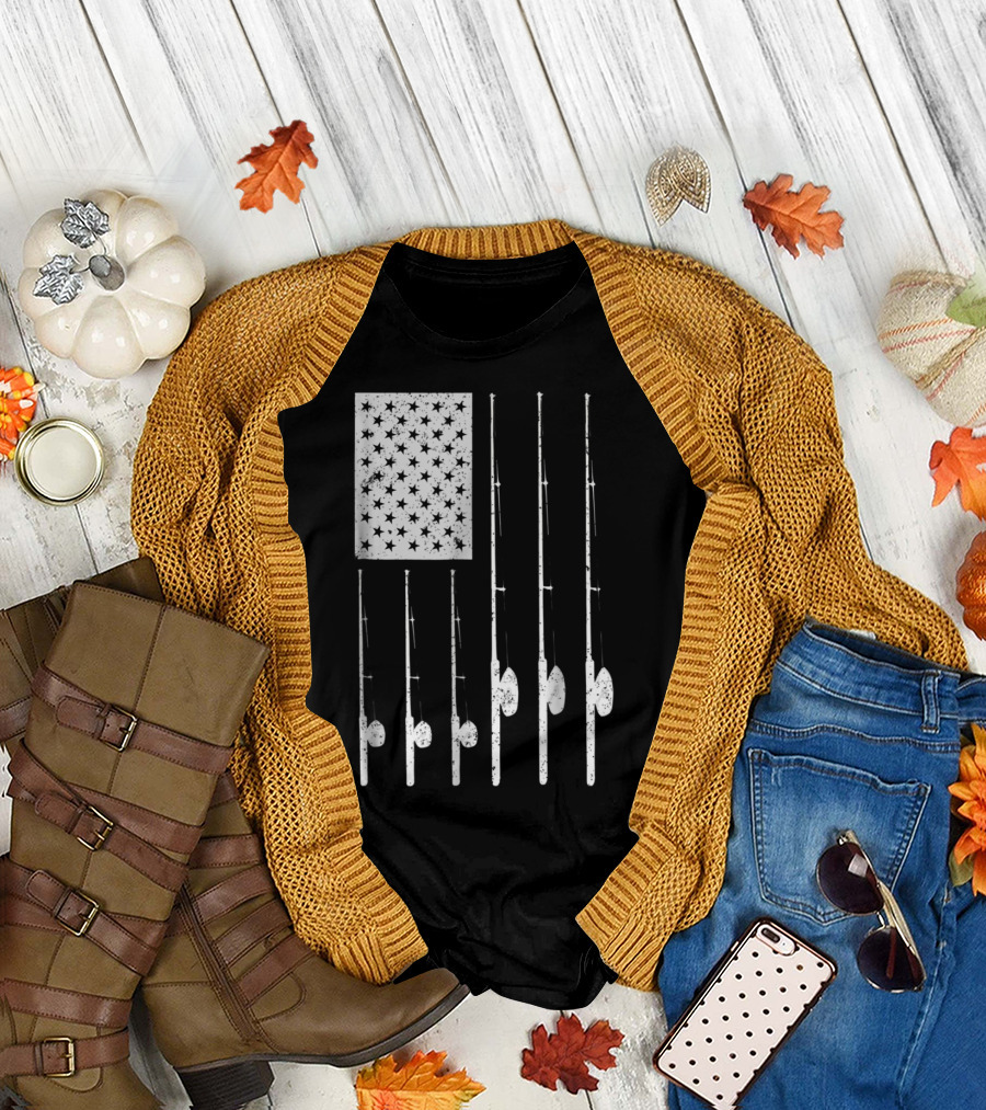 American USA Patriotic Fishing Flag with Stars and Fishing Rods T-Shirt