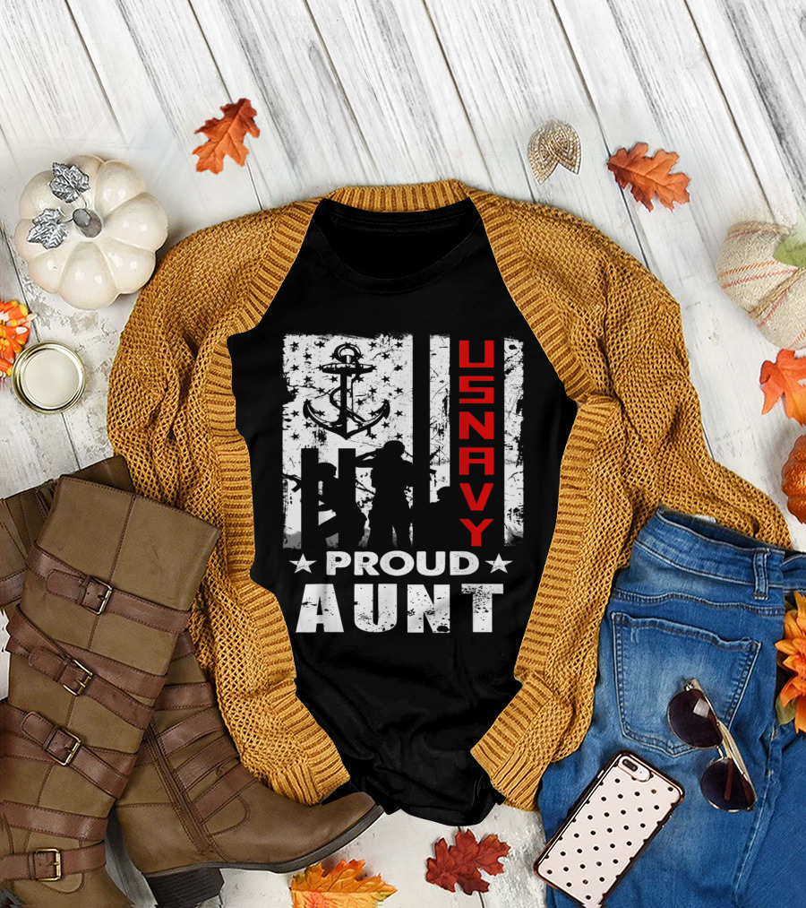 US Navy Veteran Proud Aunt Anchor Silhouette and Stars T-Shirt