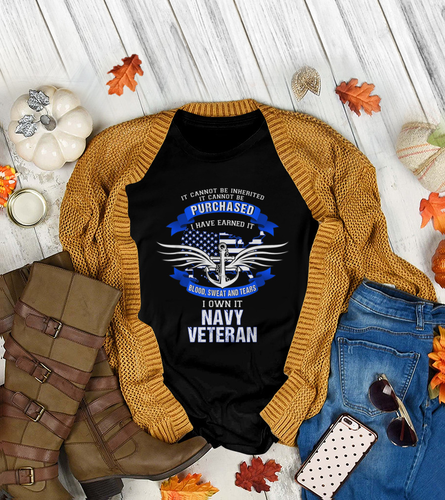 Navy Veteran Anchor Wings Blood Sweat and Tears America Background T-Shirt