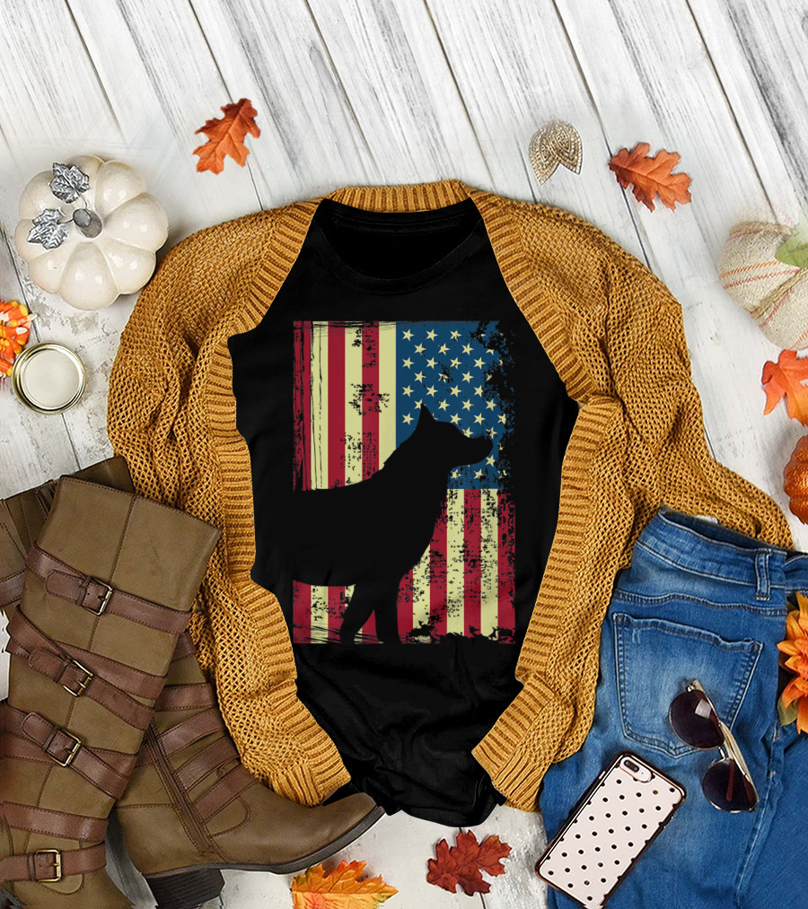 Patriotic German Shepherd Silhouette with American Flag Background Fourth of July T-Shirt