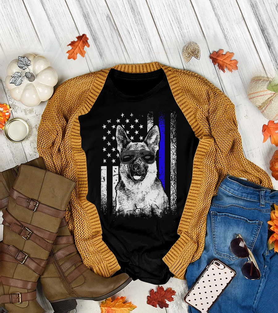 Patriotic German Shepherd K9 Police Dog with American Flag Sunglasses and Thin Blue Line T-Shirt