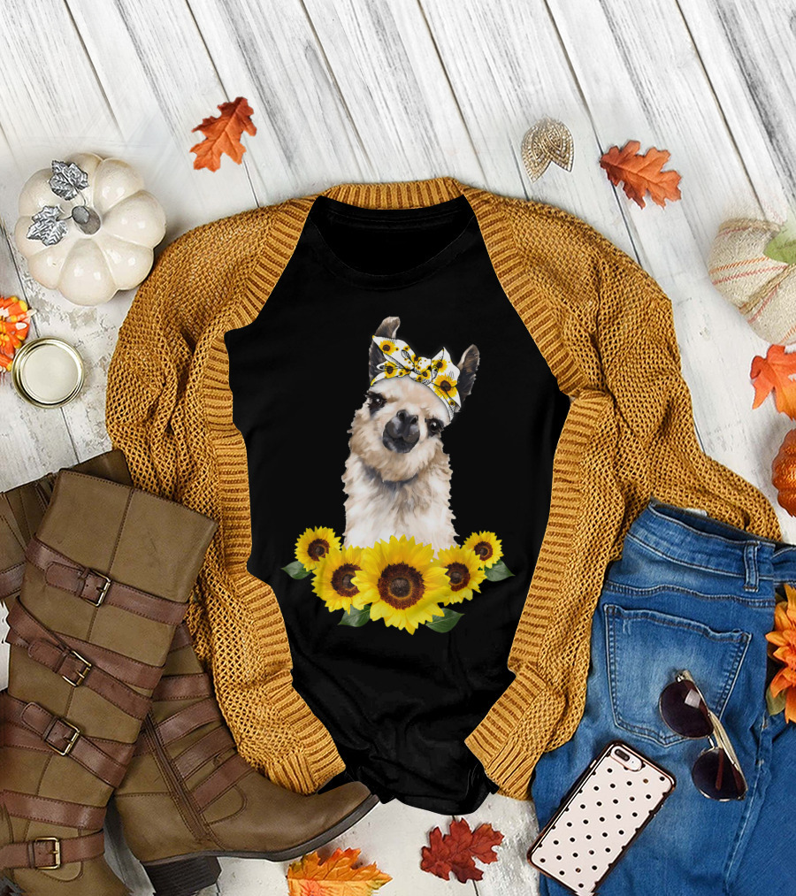 Llama Sunflower Bow with Floral Headband and Sunflowers T-Shirt