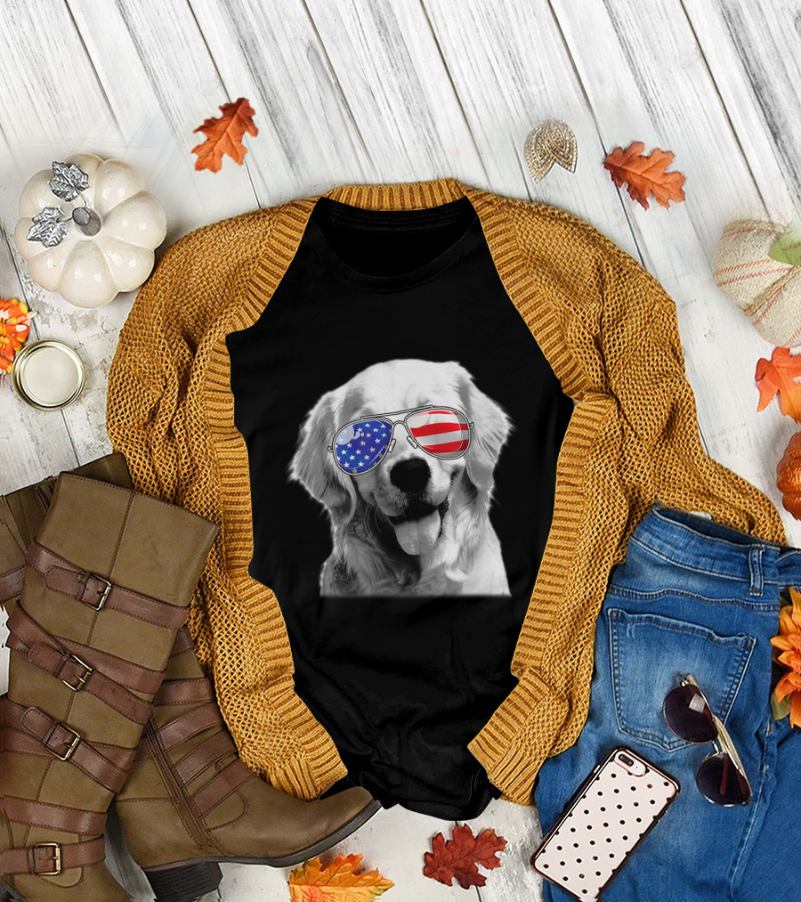 USA Flag Sunglasses Golden Retriever Patriotic Wear T-Shirt