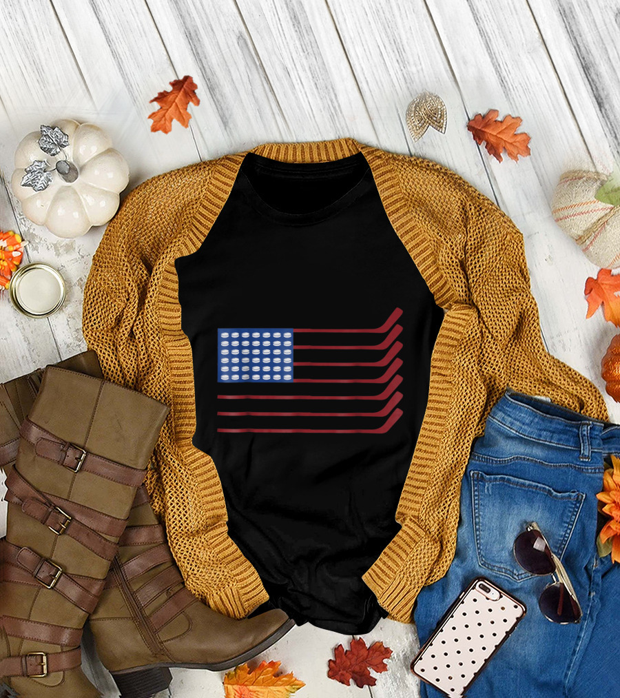 USA American Flag Hockey Sticks Ice Skating Iconic T-Shirt