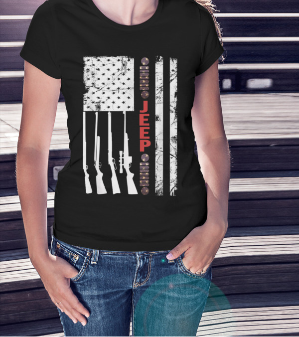 Jeep Hunting Rifles American Flag Patriotic T-Shirt