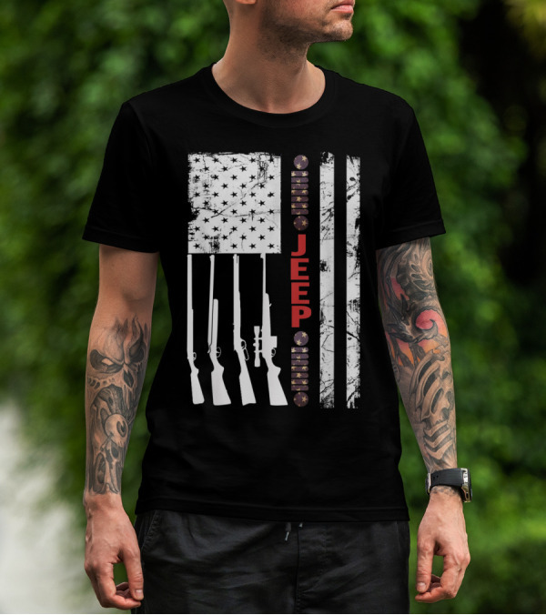 Jeep Hunting Rifles American Flag Patriotic T-Shirt