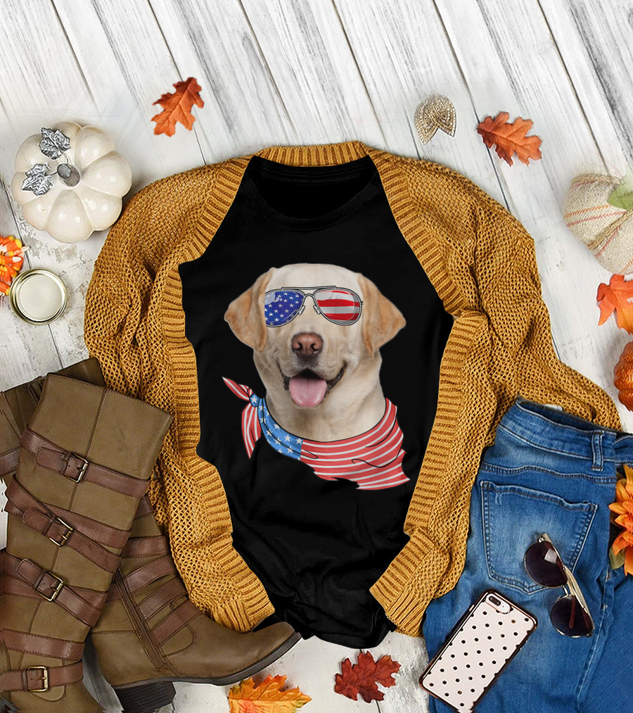 USA American Flag Patriotic Labrador with Stars and Stripes Bandana and Sunglasses T-Shirt