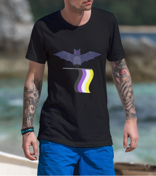 Spooky Bat With Non Binary Flag Colors For Halloween T-Shirt