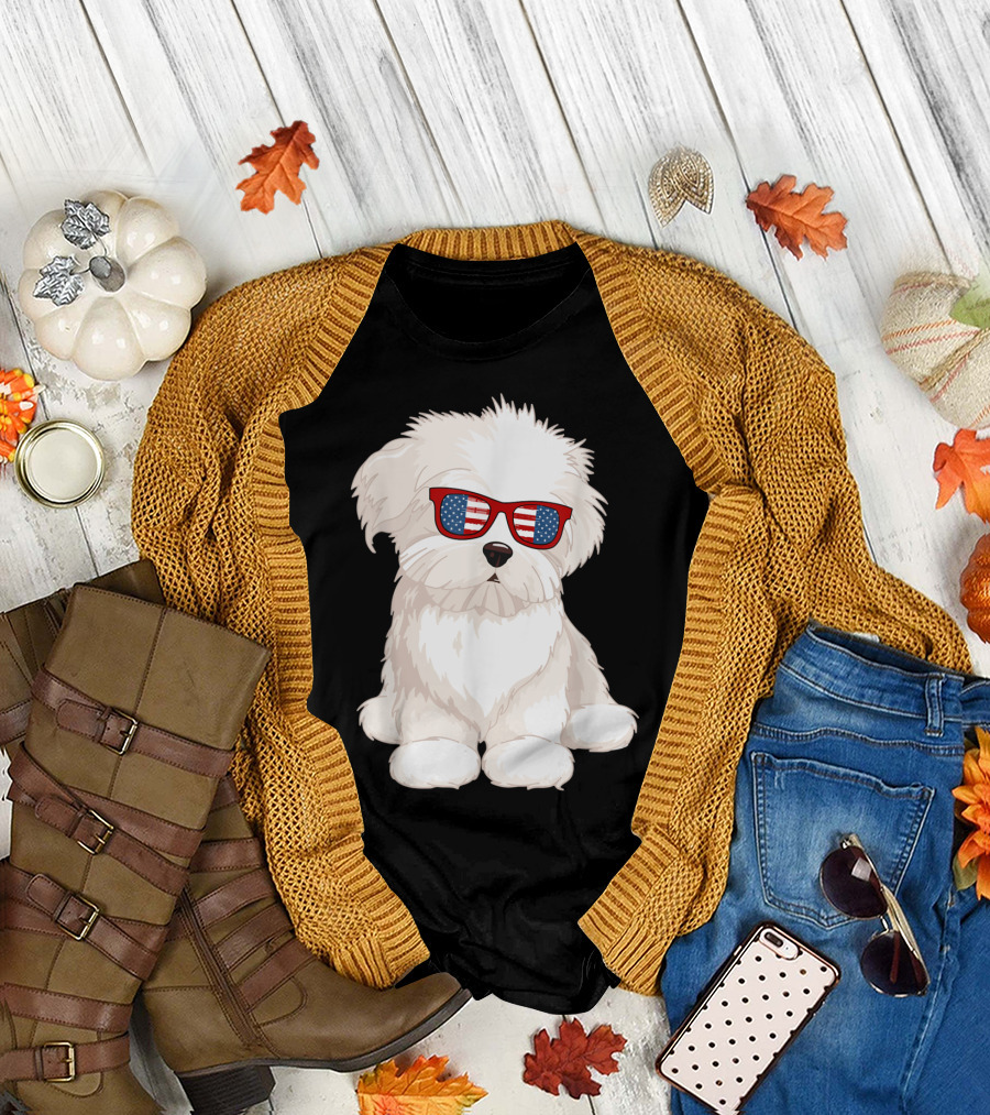 Patriotic Maltese Dog Wearing American Flag Sunglasses T-Shirt