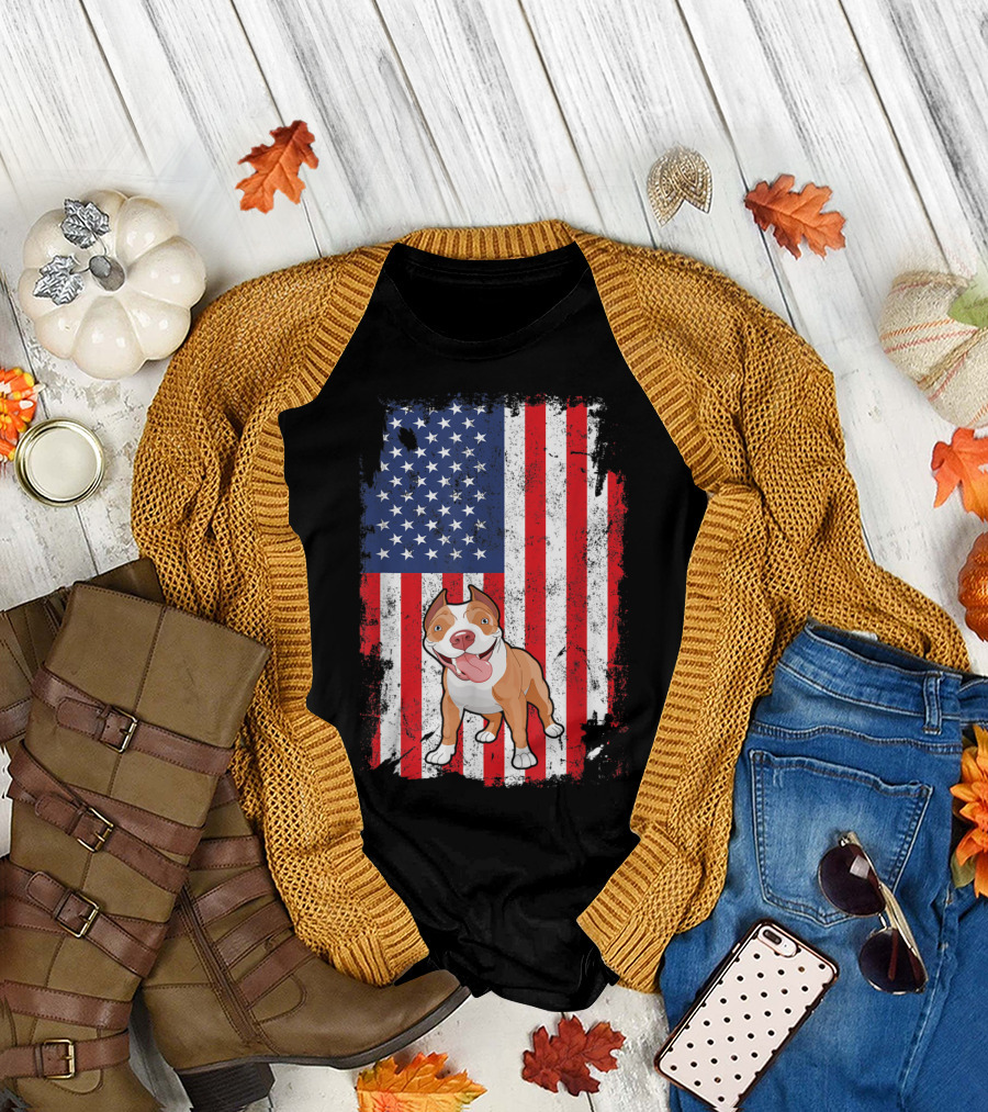 American Flag With Happy Patriotic Pitbull Dog T-Shirt