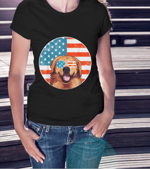 USA Flag Golden Retrievers Love With Sunglasses And Stars Stripes T-Shirt