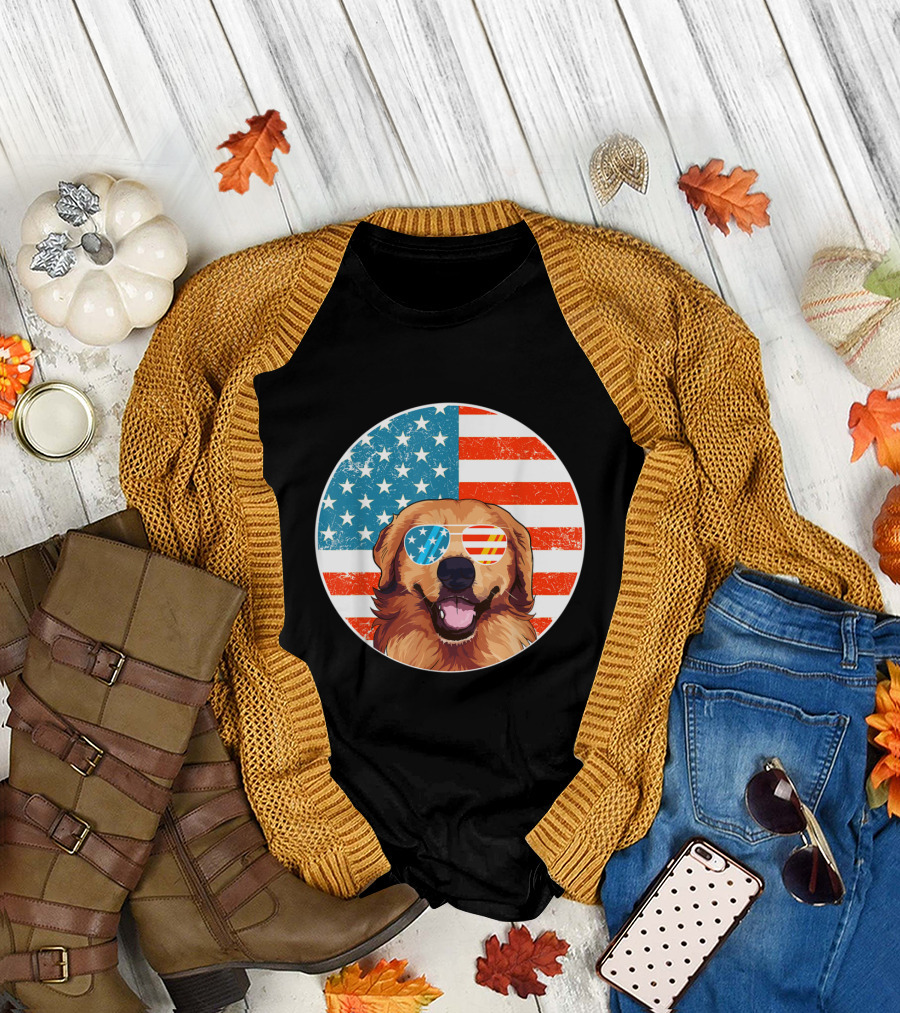 USA Flag Golden Retrievers Love with Sunglasses and Stars Stripes T-Shirt
