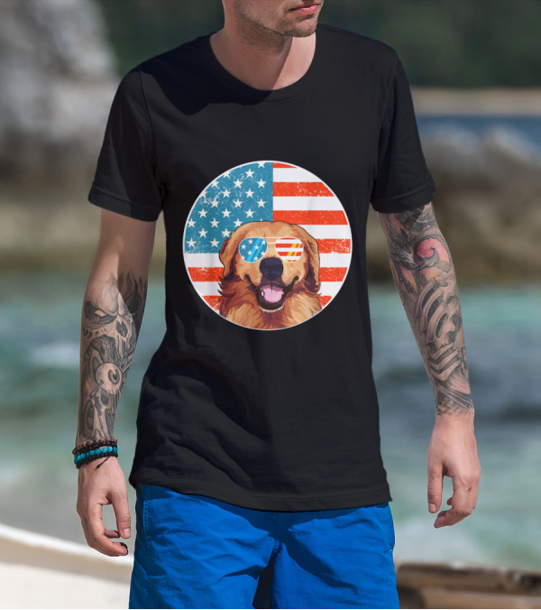 USA Flag Golden Retrievers Love With Sunglasses And Stars Stripes T-Shirt