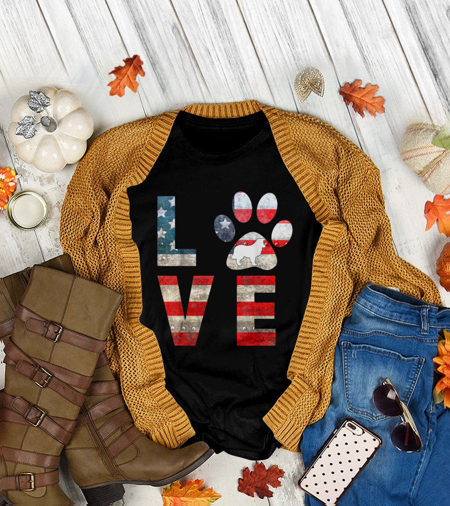 Sheltie Dog Paw Print Love Featuring American Flag Colors T-Shirt