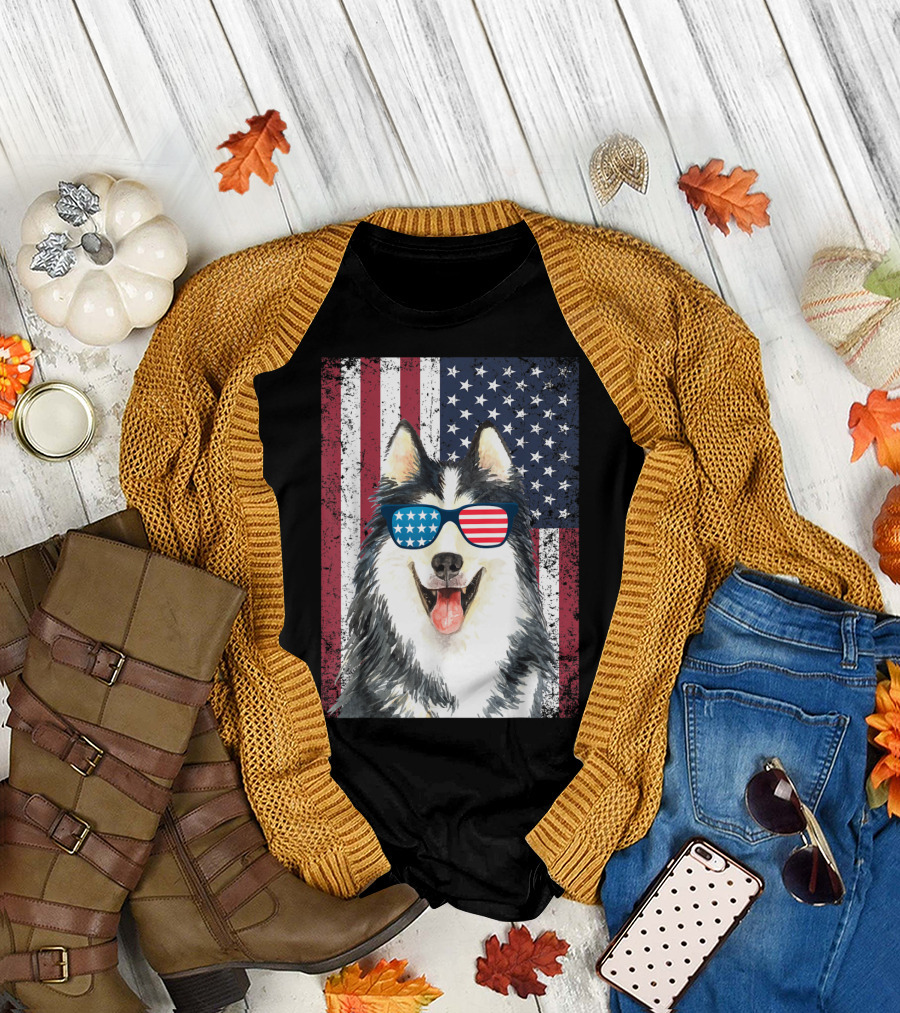 Siberian Husky with American Flag Sunglasses on Distressed Flag Background T-Shirt
