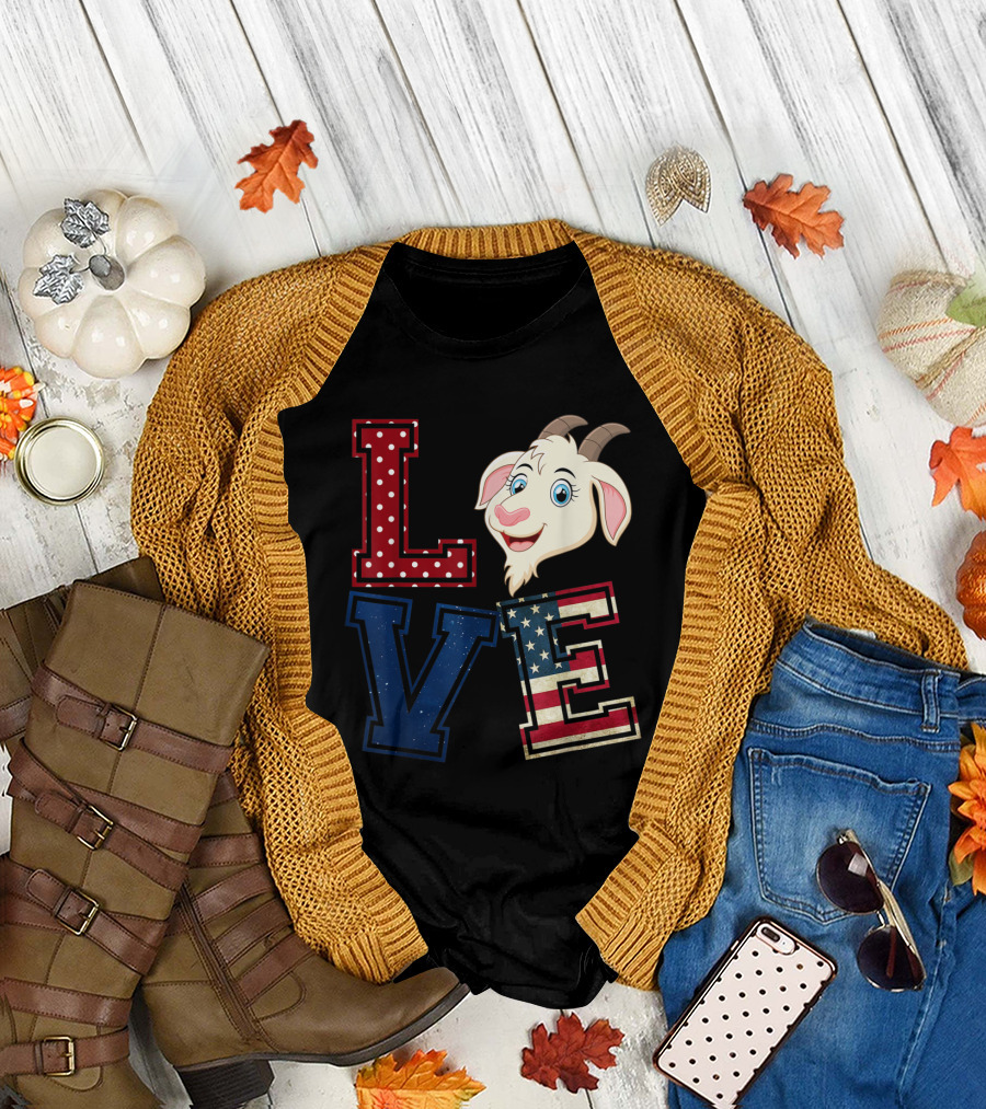 LOVE Goat Face Polka Dot Stars and Stripes American Flag Patriotic T-Shirt