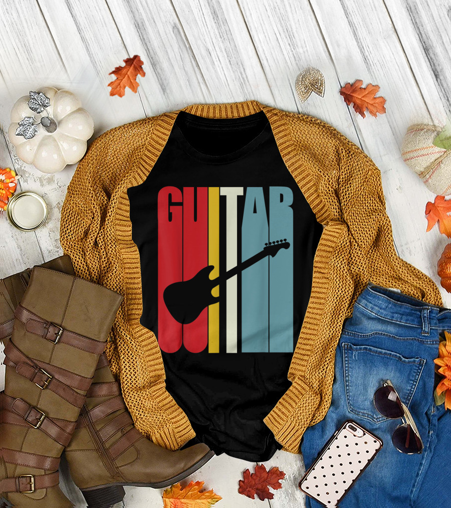 Retro Electric Guitar Silhouette with Vintage GUITAR Text T-Shirt