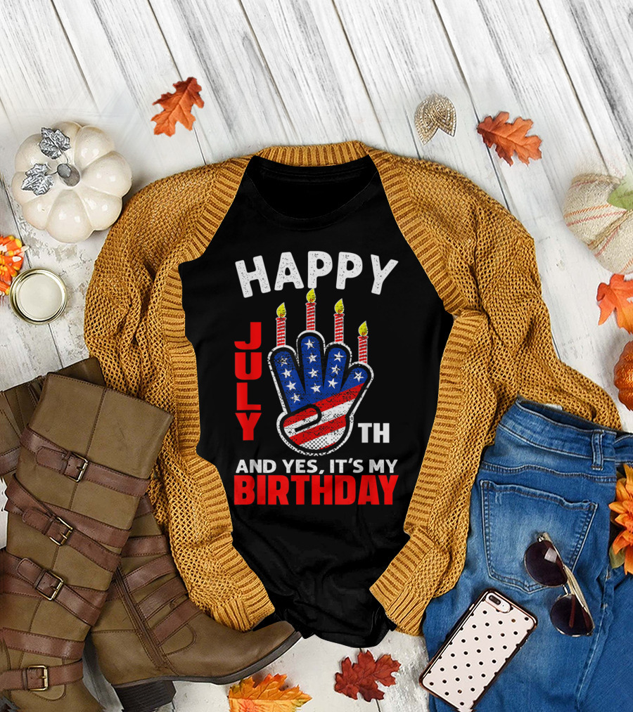 Retro Happy 4th July And Yes It's My Birthday with American Flag Candles T-Shirt