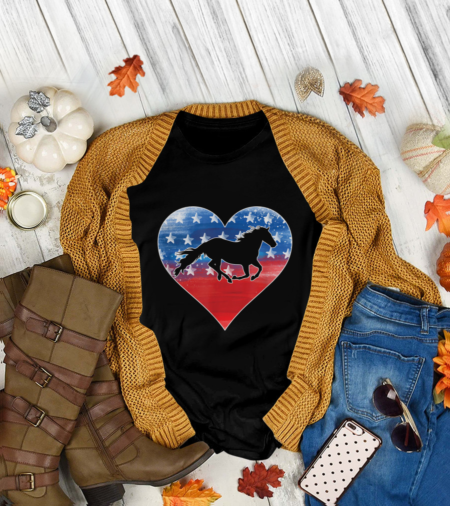 Love Horses Patriotic Heart American Flag 4th Of July T-Shirt