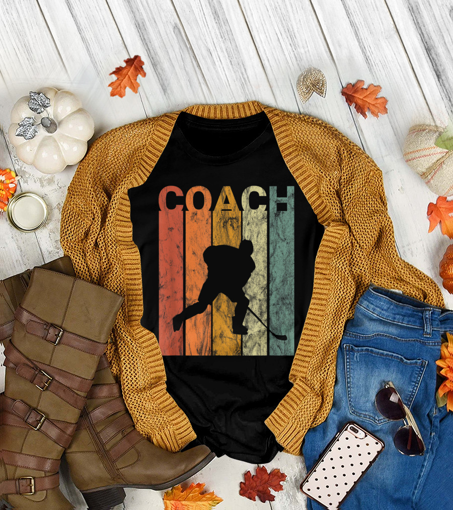 Retro Ice Hockey COACH Silhouette Skating on Vintage Stripes T-Shirt