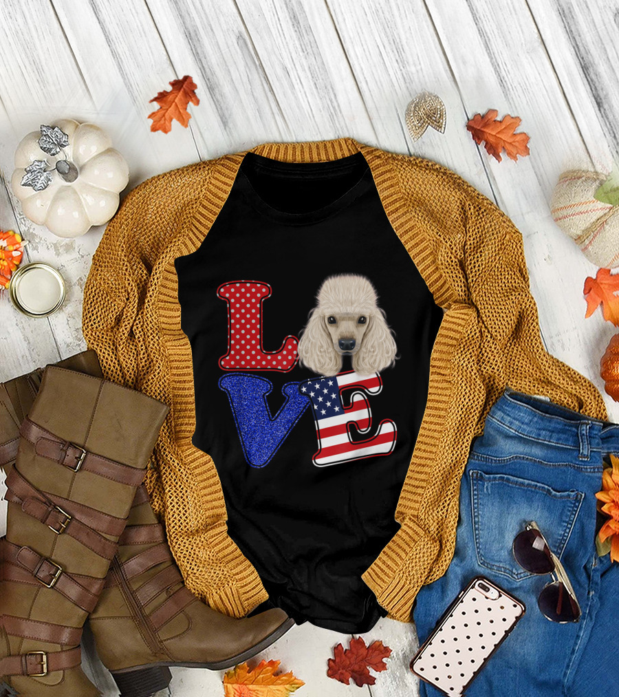 LOVE Poodle Dog American Flag Polka Dot and Glitter T-Shirt