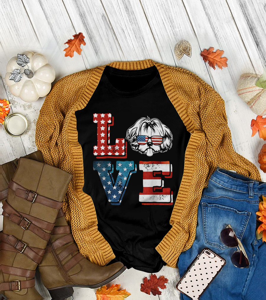Love Shih Tzu in American Flag Sunglasses T-Shirt