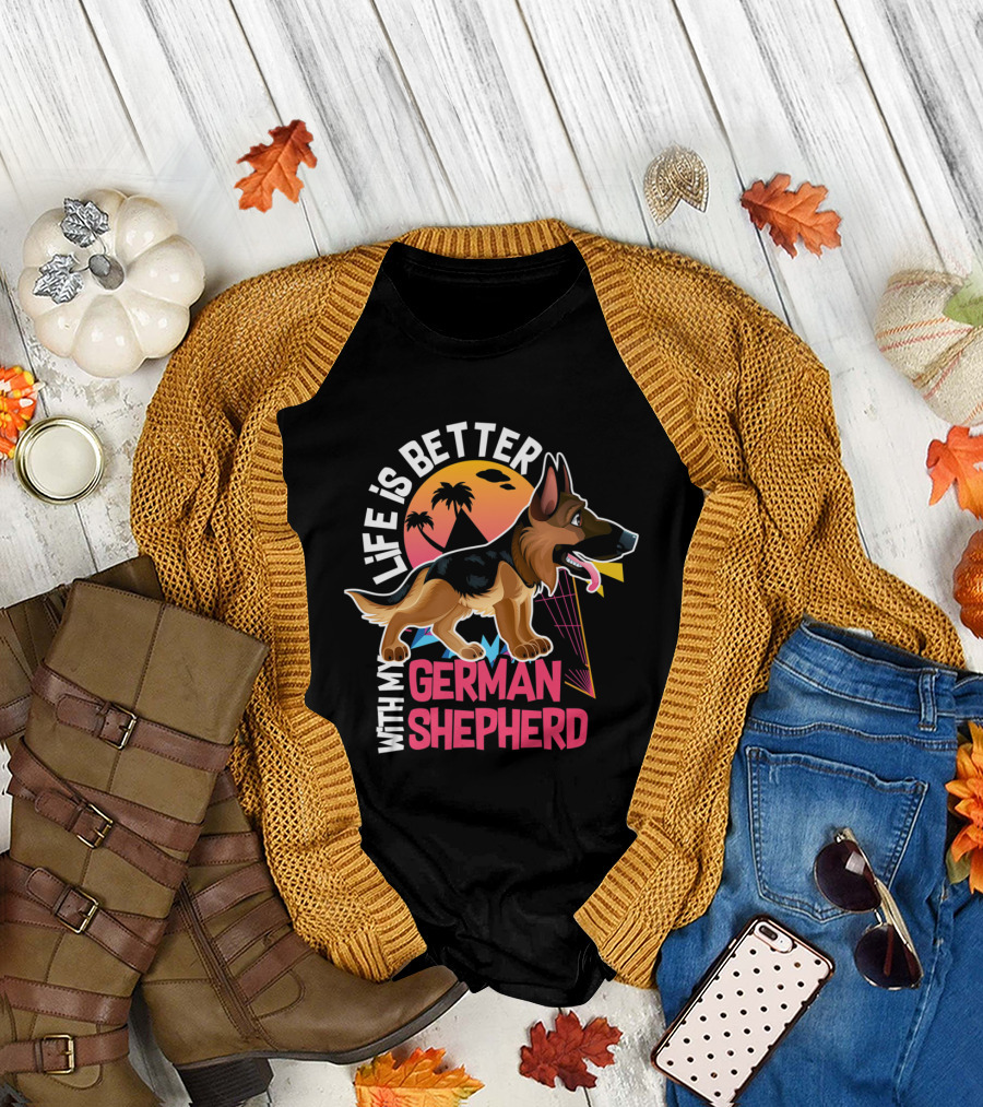Life Is Better With My German Shepherd Dog Breed Retro Sunset T-Shirt