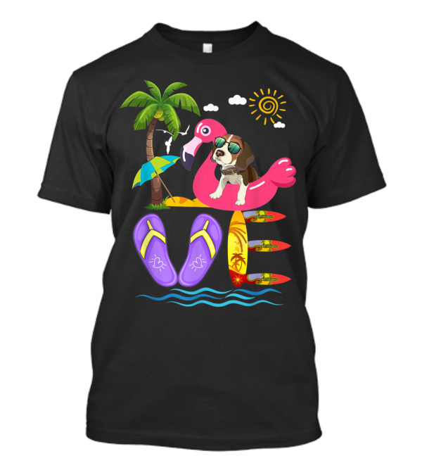 Love Summer Beagle Sunglasses Flamingo Floating Palm Tree Surfboards Purple Flip Flops T-Shirt