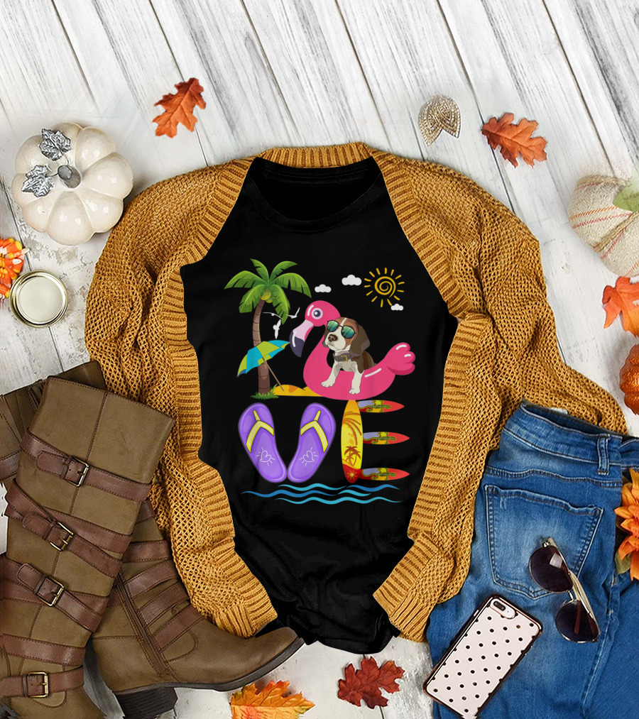Love Summer Beagle Sunglasses Flamingo Floating Palm Tree Surfboards Purple Flip Flops T-Shirt