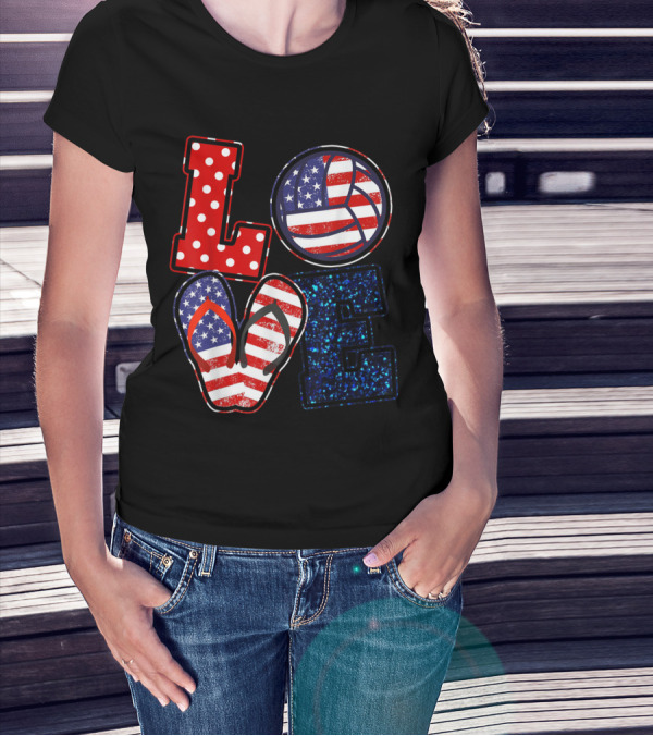 Love Volleyball USA Flag Flip Flops 4th Of July T-Shirt