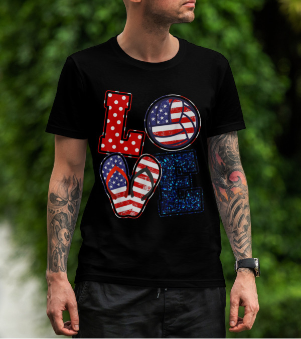 Love Volleyball USA Flag Flip Flops 4th Of July T-Shirt