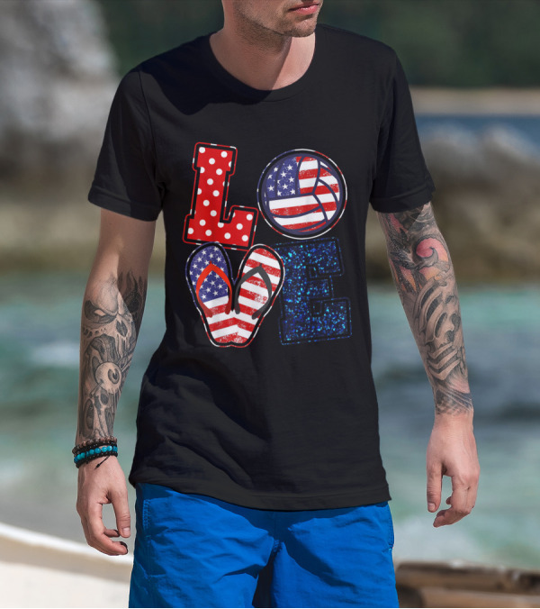 Love Volleyball USA Flag Flip Flops 4th Of July T-Shirt
