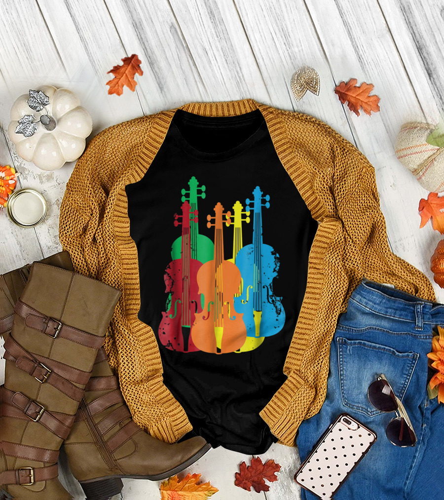 Multicolored Violins for Musicians Orchestra Arty Vibes Chai T-Shirt