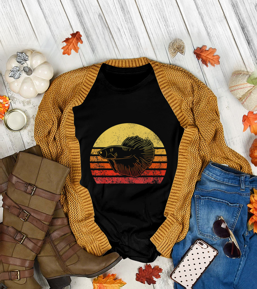 Retro Vintage Betta Fish Sunset Stripes T-Shirt