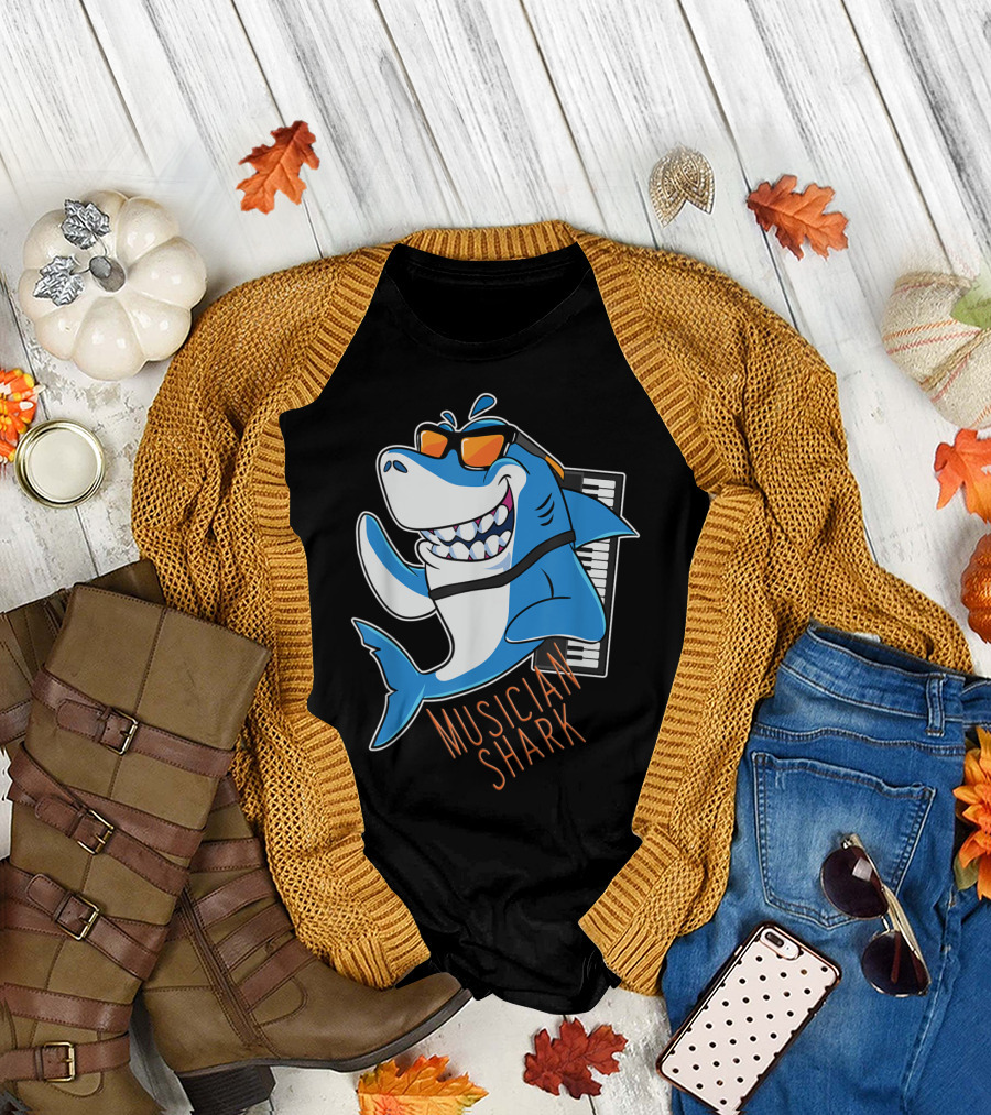 Musician Shark Playing Piano Keyboard with Sunglasses T-Shirt