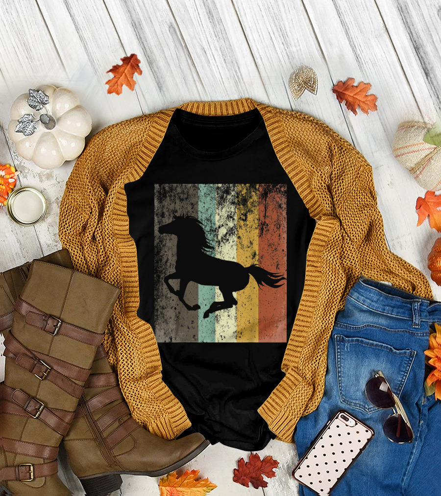Retro Vintage Horse Lover Silhouette on Distressed Stripes T-Shirt