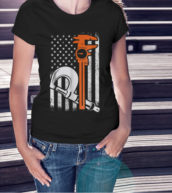 Patriotic Machinist Engineer Wrench American Flag Humor T-Shirt