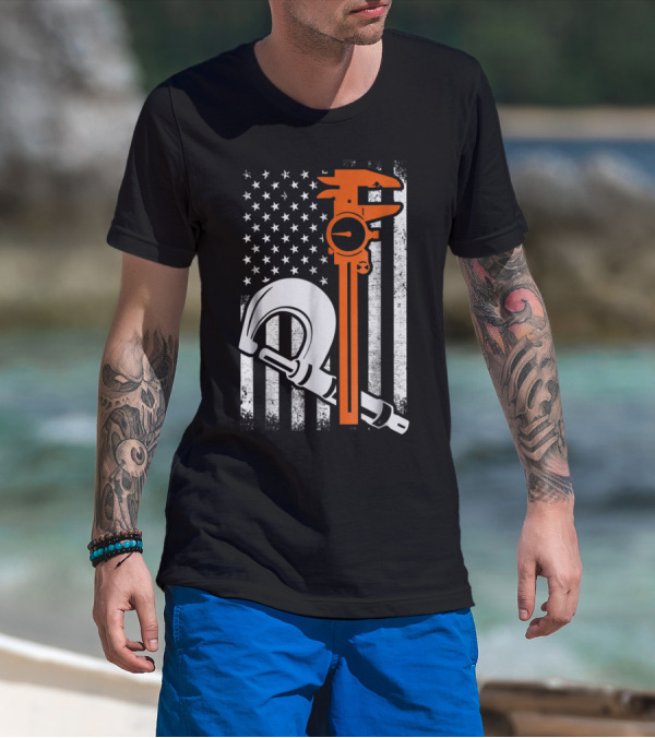 Patriotic Machinist Engineer Wrench American Flag Humor T-Shirt