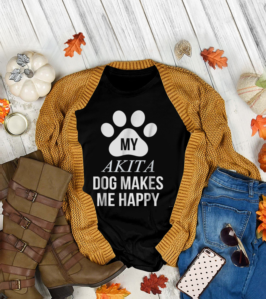 My Akita Dog Makes Me Happy Paw Prints T-Shirt