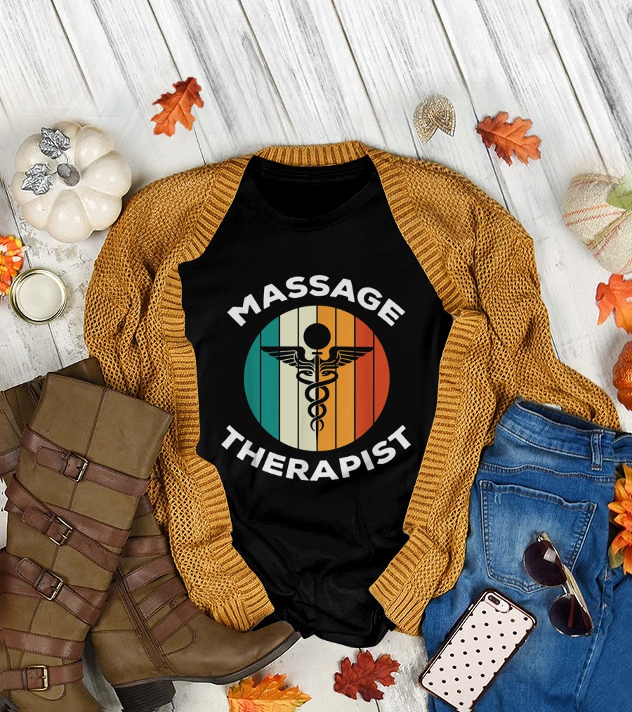 Retro Vintage Massage Therapist Caduceus Emblem with Multicolor Gradient Stripes T-Shirt