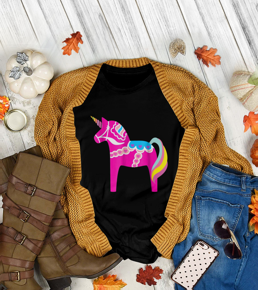 Pink Dala Horse Unicorn with Swedish Folk T-Shirt