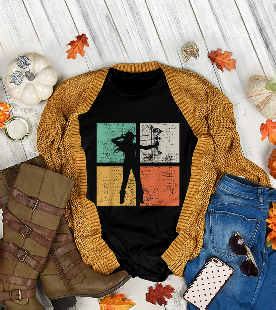 Vintage Bow Hunting Archery Silhouette Retro Style Quadrant Colors T-Shirt