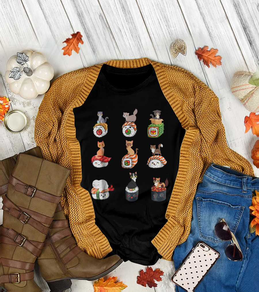 Cats on Sushi Rolls Featuring Cute Feline Characters Encased in Delicious Sushi Pieces T-Shirt