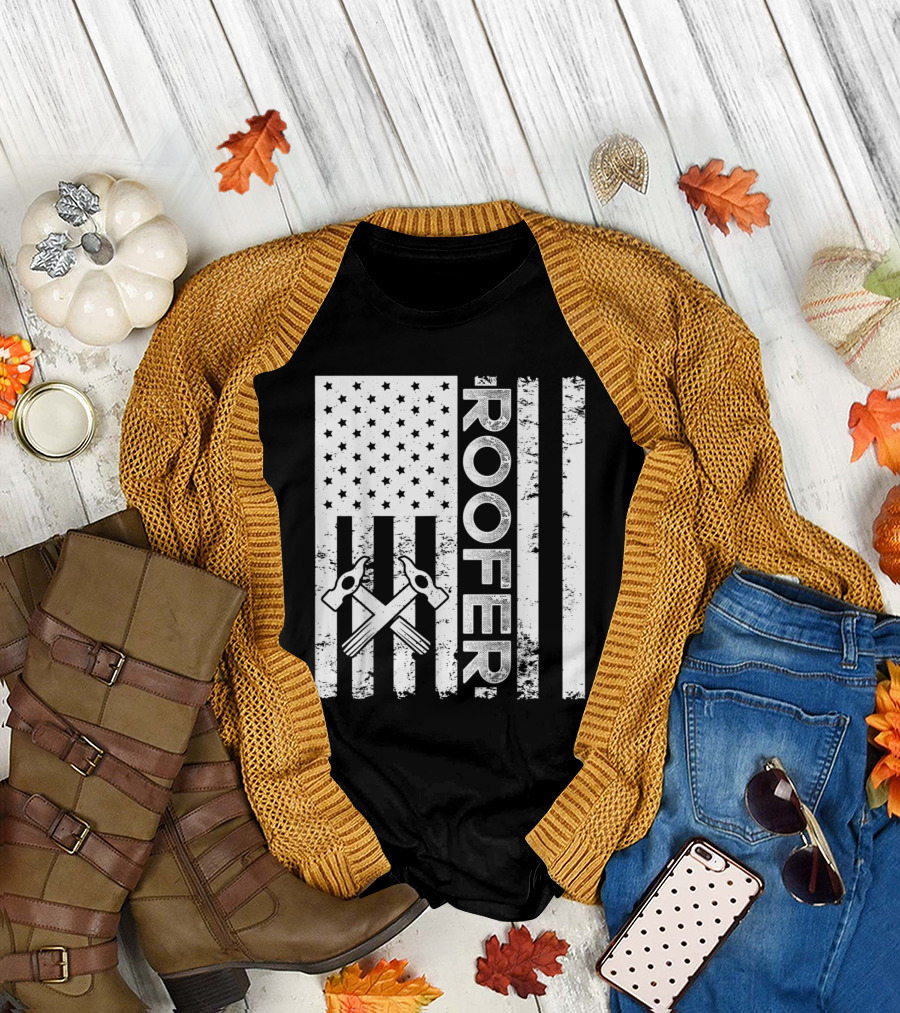 Roofer American Flag with Crossed Hammers T-Shirt