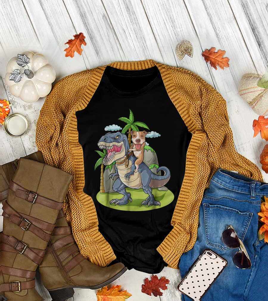 Pitbull Riding T-Rex Like a Boss with Palm Trees and Clouds T-Shirt